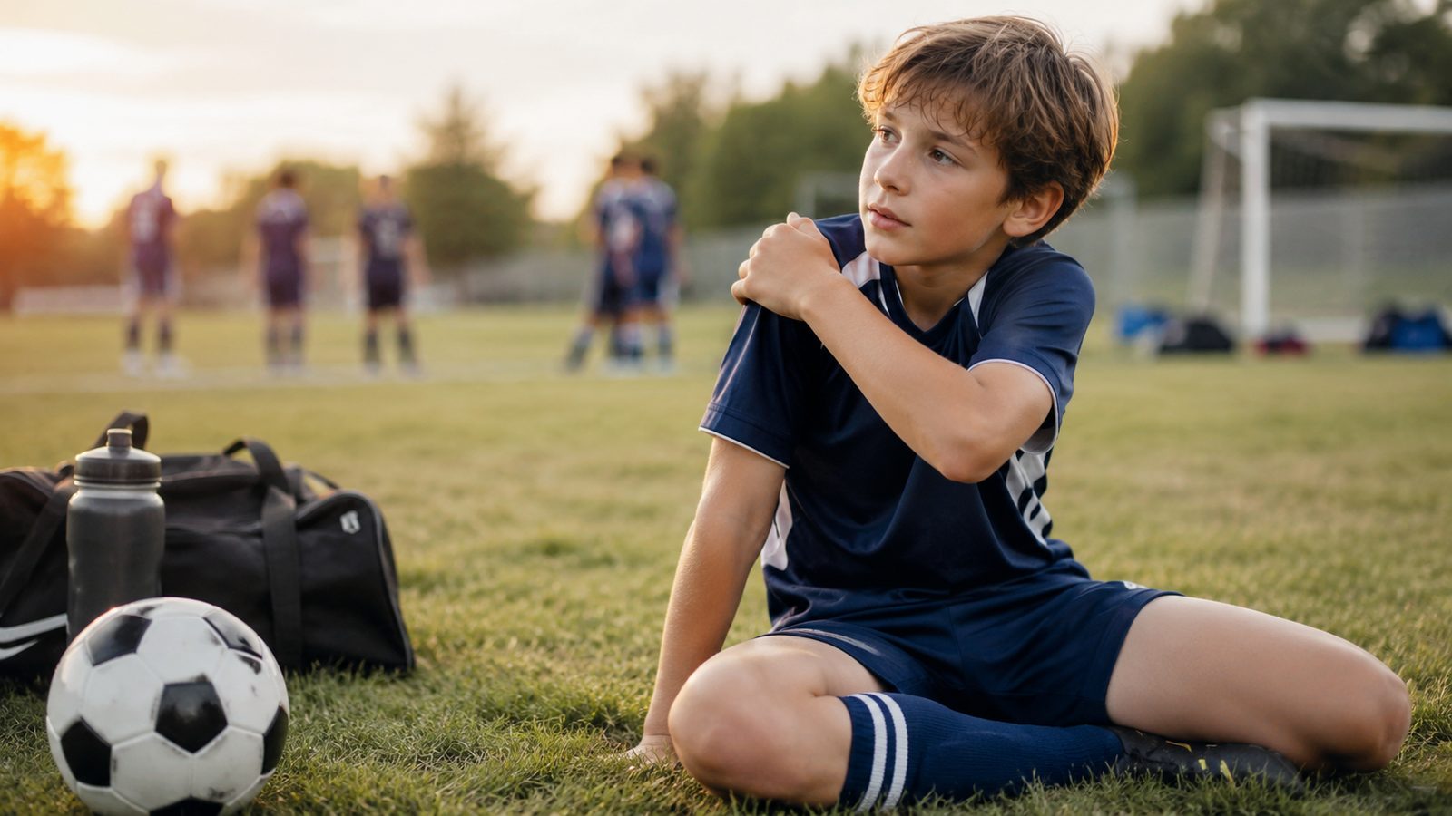 A young soccer player resting on the field and rubbing a sore shoulder - the kind of repetitive sports strain children's massage can help ease