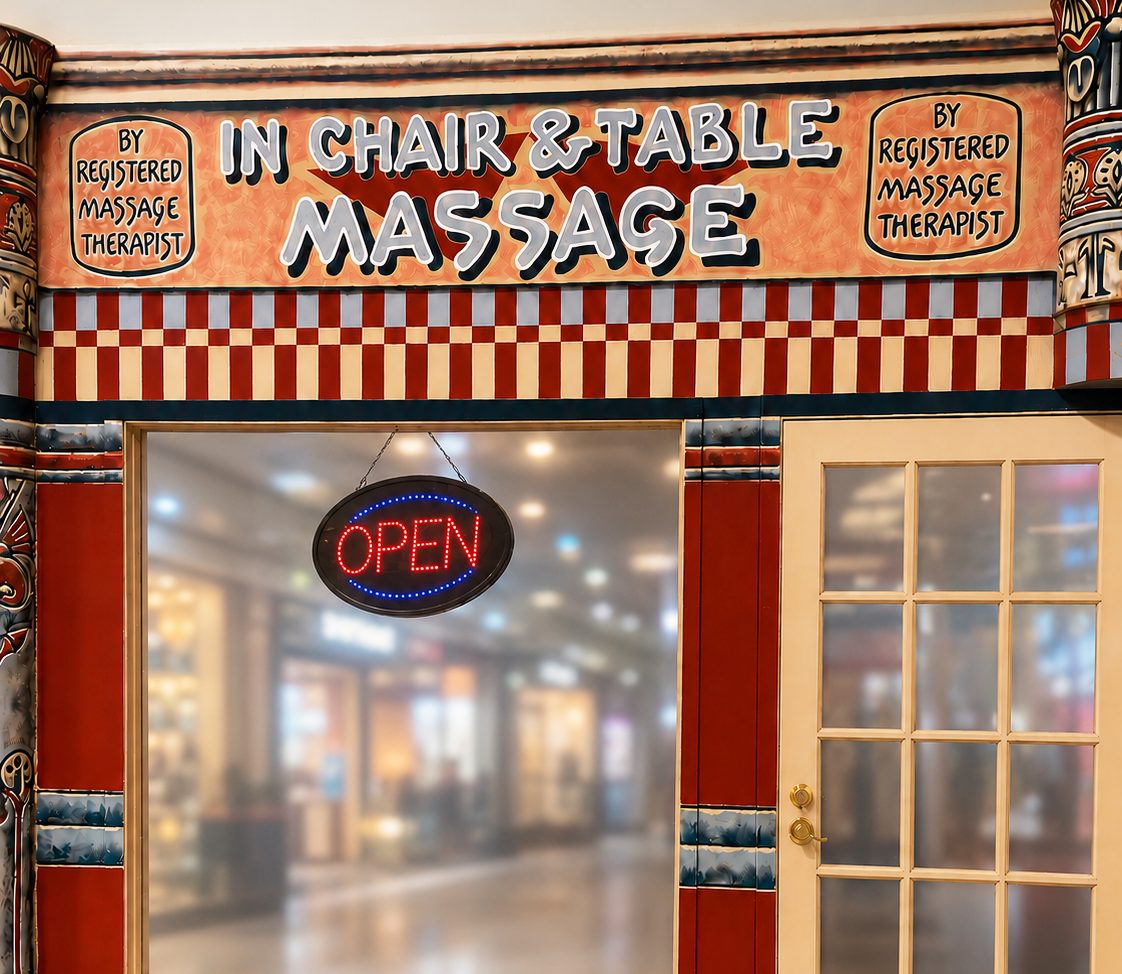 The Egyptian-painted In Chair & Table Massage entrance to Carpe Diem Massage Therapy at the Covent Garden Market