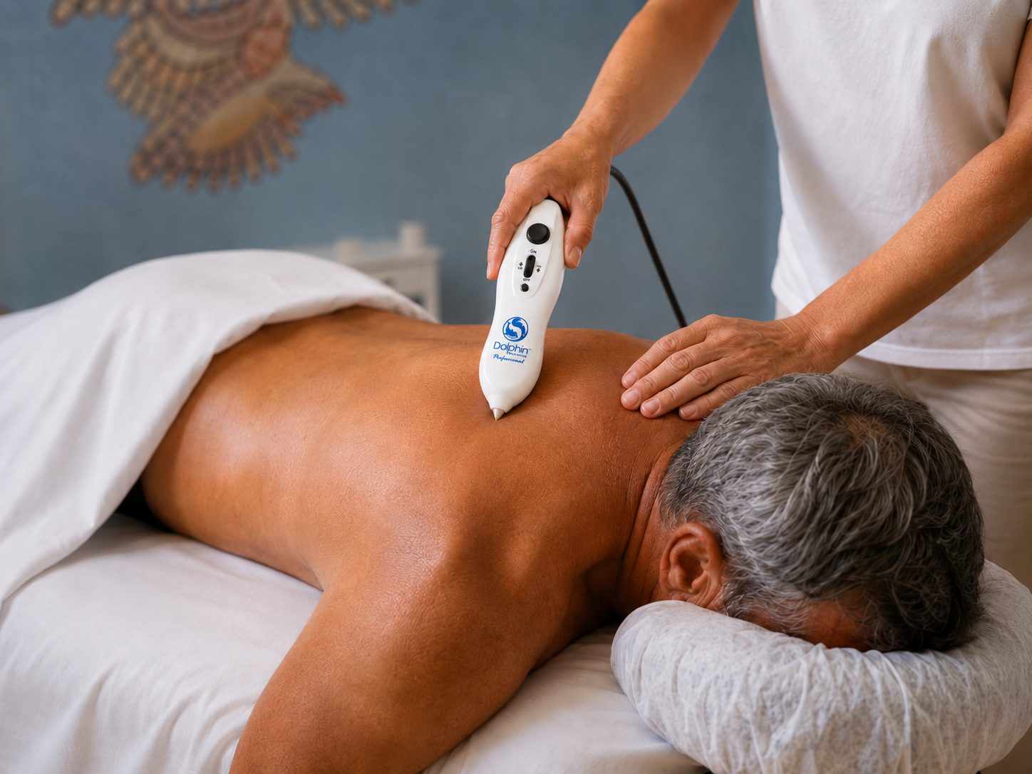 Microcurrent point stimulation (MPS) therapy applied to a client's back at Carpe Diem Massage Therapy in London, Ontario