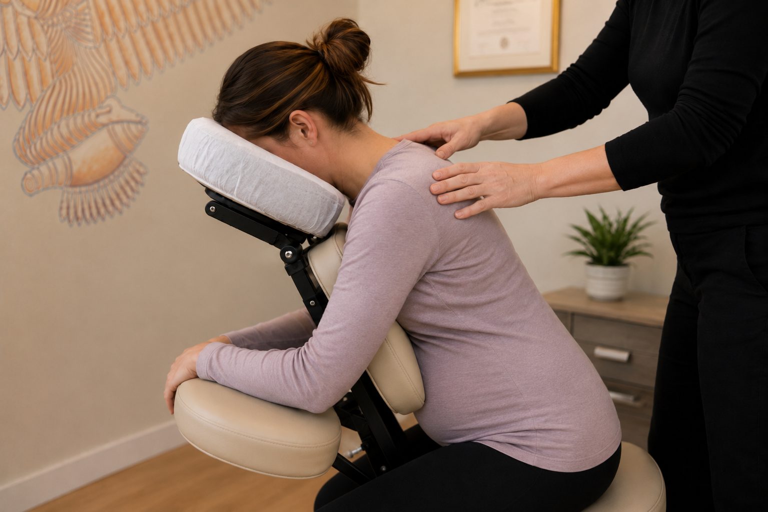 A pregnant client receiving massage while seated comfortably in a massage chair at Carpe Diem Massage Therapy in London, Ontario
