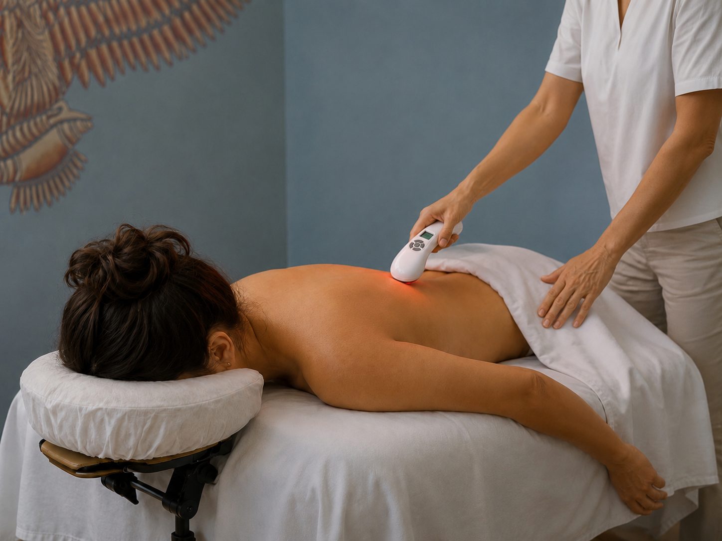 Handheld cold red light laser treatment on a client's back at Carpe Diem Massage Therapy in London, Ontario