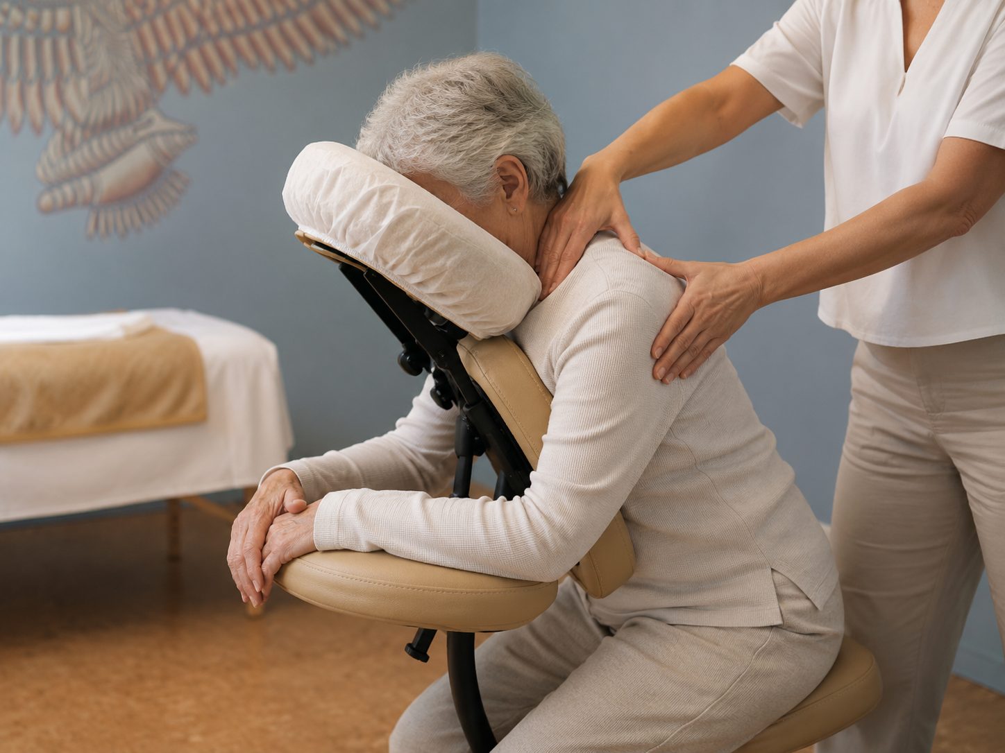 Over-the-clothing chair massage for a senior at Carpe Diem Massage Therapy in London, Ontario