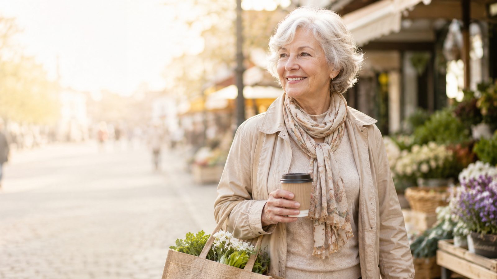 An active older woman enjoying downtown London with a warm beverage and fresh flowers from the market