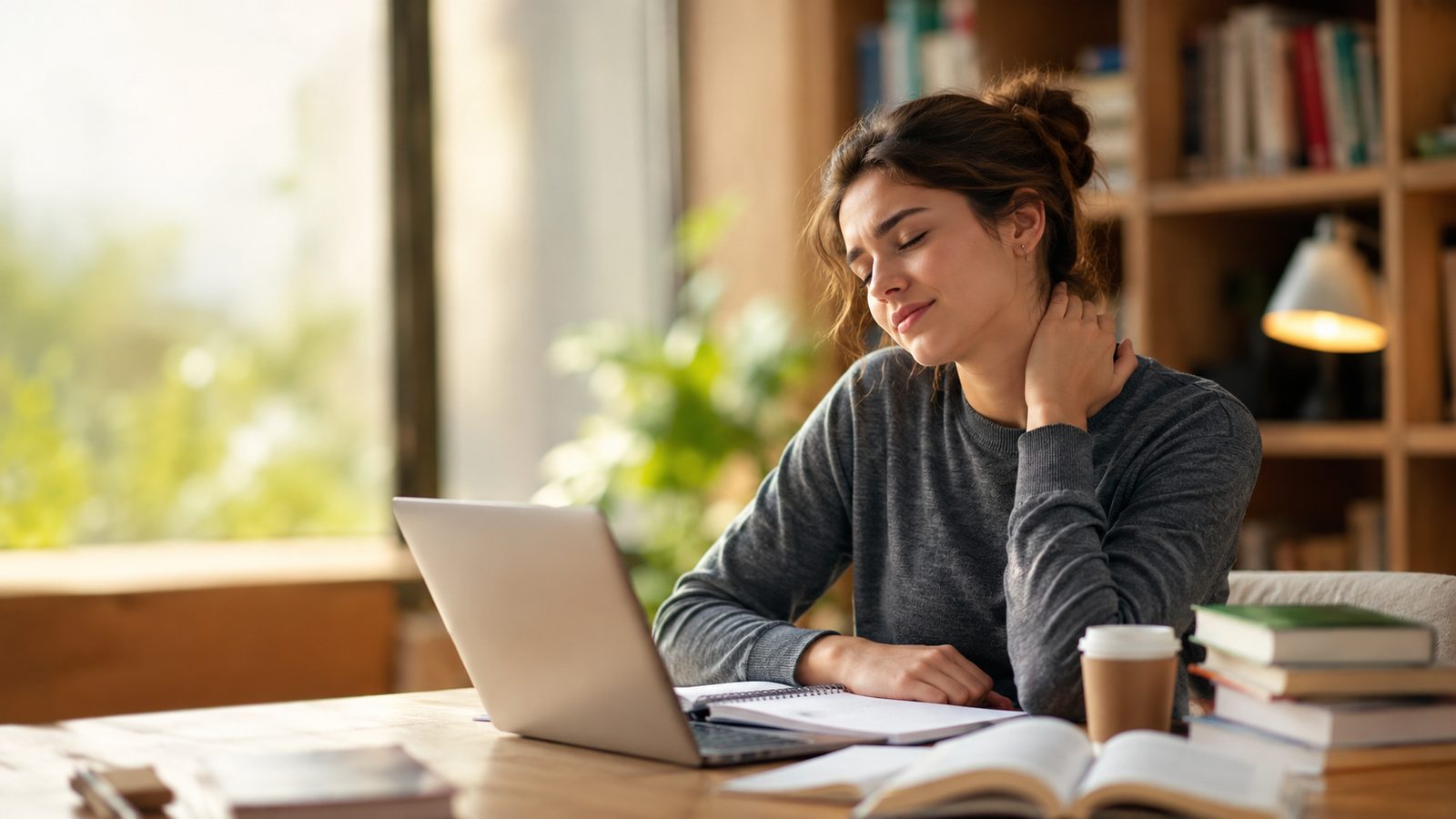 A university student studying at a laptop and rubbing a sore neck - the kind of desk and computer strain student massage can help ease