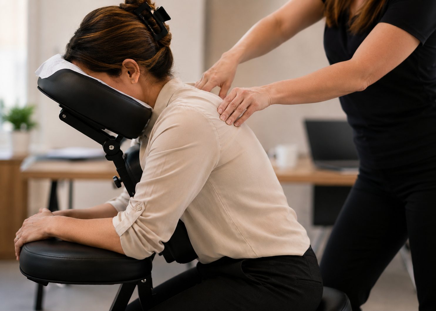 Onsite over-the-clothing chair massage set up in a London, Ontario workplace for a corporate wellness day